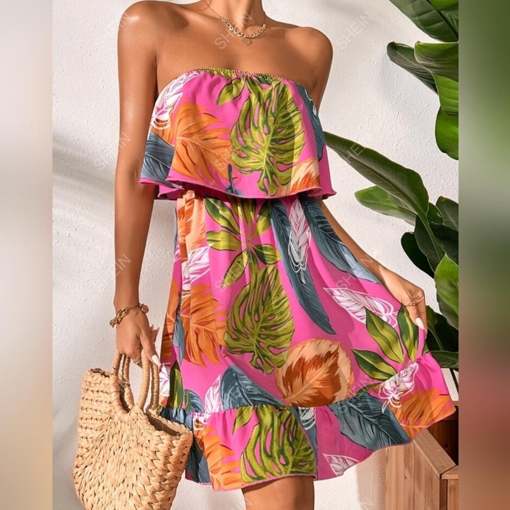 Tropical print strapless dress